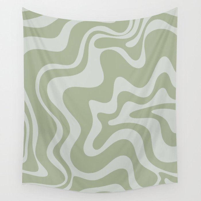 Liquid Swirl Retro Abstract Pattern in Sage Green and Light Sage Gray Wall Tapestry