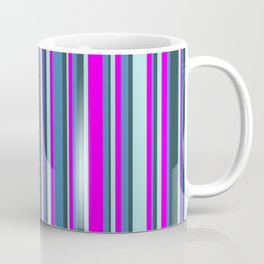 [ Thumbnail: Fuchsia, Blue, Dark Slate Gray, and Powder Blue Colored Lines/Stripes Pattern Coffee Mug ]