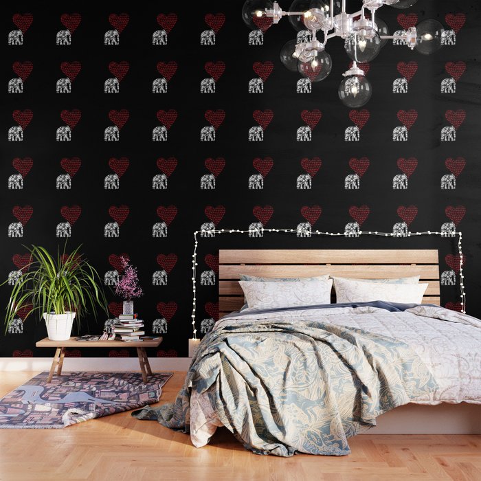 White Elephant Retro Flowers Red Heart Black Background #decor #society6 #buyart Wallpaper