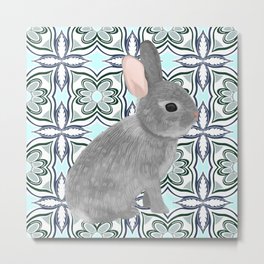 Cute bunny on gentle blue pattern Metal Print