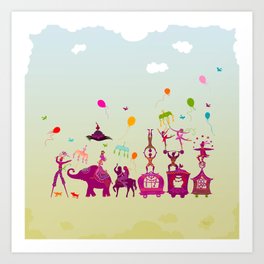 colorful circus carnival traveling in one row during daylight Art Print