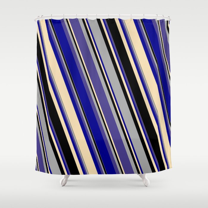 Dark Gray, Dark Slate Blue, Dark Blue, Tan, and Black Colored Striped Pattern Shower Curtain