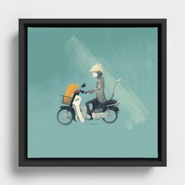 Dream - Grandpa Cat on Motorbike with Baguette Framed Canvas
