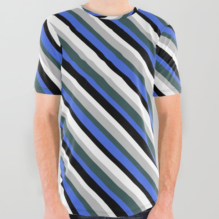 Vibrant Grey, Dark Slate Gray, Royal Blue, Black & White Colored Lines Pattern All Over Graphic Tee