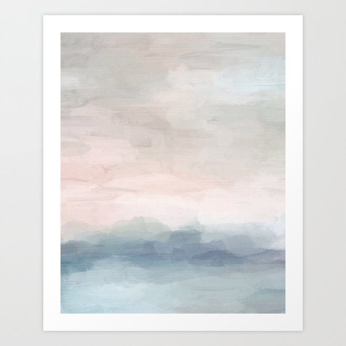 Atlantic Ocean Sunrise II - Blush Pink Mint Sky Baby Blue Abstract Sky, Water Clouds Painting Art Print