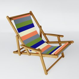 [ Thumbnail: Eye-catching Coral, Slate Gray, Green, Dark Blue & Light Yellow Colored Striped Pattern Sling Chair ]