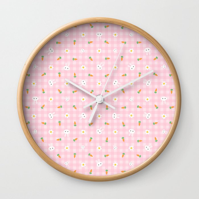Bunnies, carrots & daisies ( Pastel pink Gingham) Wall Clock