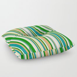 [ Thumbnail: Vibrant Brown, Dark Cyan, Tan, White & Green Colored Striped Pattern Floor Pillow ]