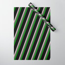 [ Thumbnail: Vibrant Aquamarine, Light Pink, Dim Gray, Green & Black Colored Lined/Striped Pattern Wrapping Paper ]