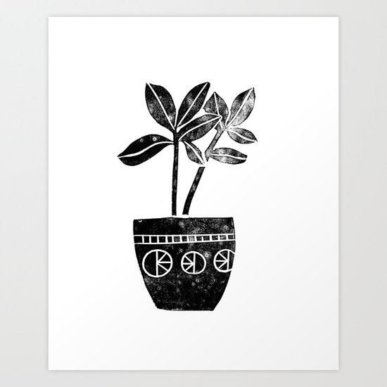 Rubber Plant linocut lino printmaking illustration black and white houseplant art decor dorm college Art Print