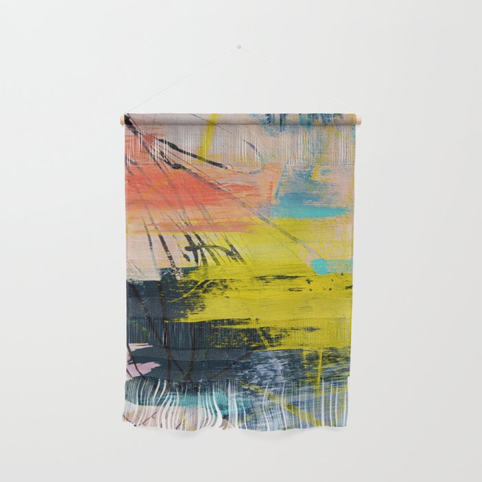 Adventurer: A vibrant abstract mixed-media piece in pink yellow and green by Alyssa Hamilton Art Wall Hanging