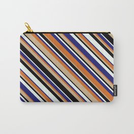 [ Thumbnail: Eyecatching Tan, Black, Mint Cream, Midnight Blue & Chocolate Colored Striped Pattern Carry-All Pouch ]