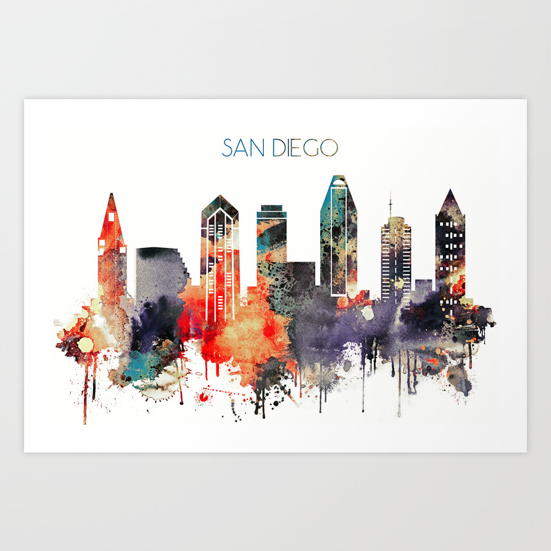 San Diego City Skyline Art Print By Dimdom Society6