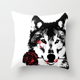 Wolf blood stained, holding a red rose. Throw Pillow