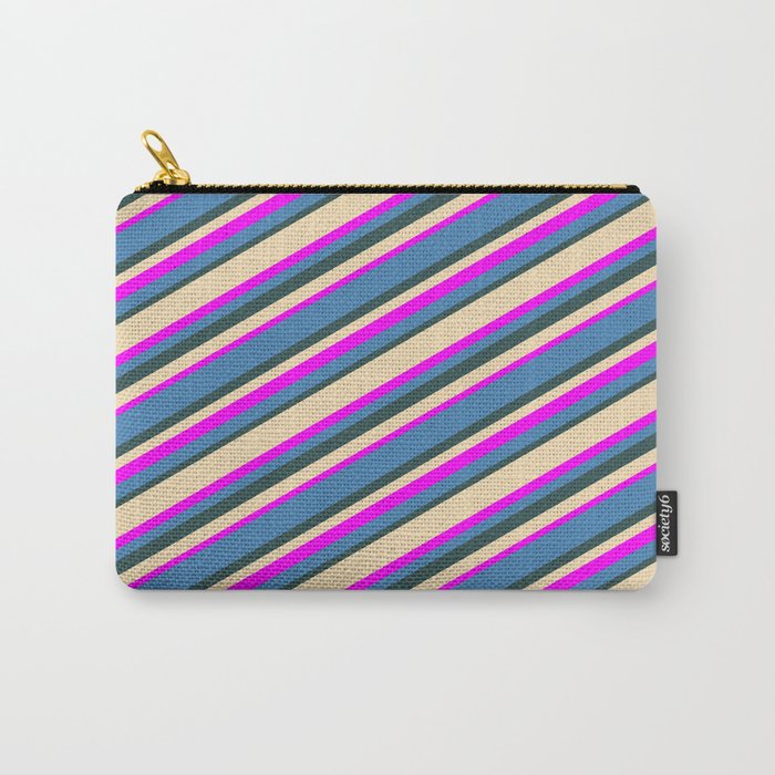 Tan, Fuchsia, Blue, and Dark Slate Gray Colored Stripes Pattern Carry-All Pouch