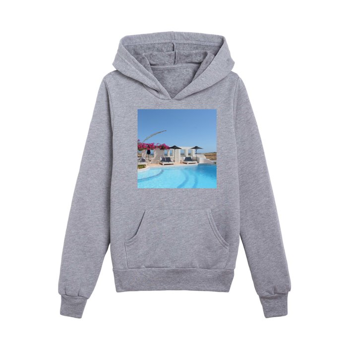 Santorini, Greece, Summer Pool Kids Pullover Hoodie