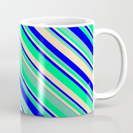 [ Thumbnail: Tan, Blue, Aquamarine & Green Colored Lines Pattern Coffee Mug ]