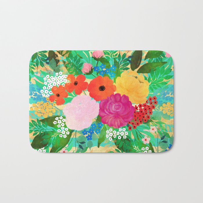 Cute Watercolor Red & Yellow Floral Biscay Green Design Bath Mat