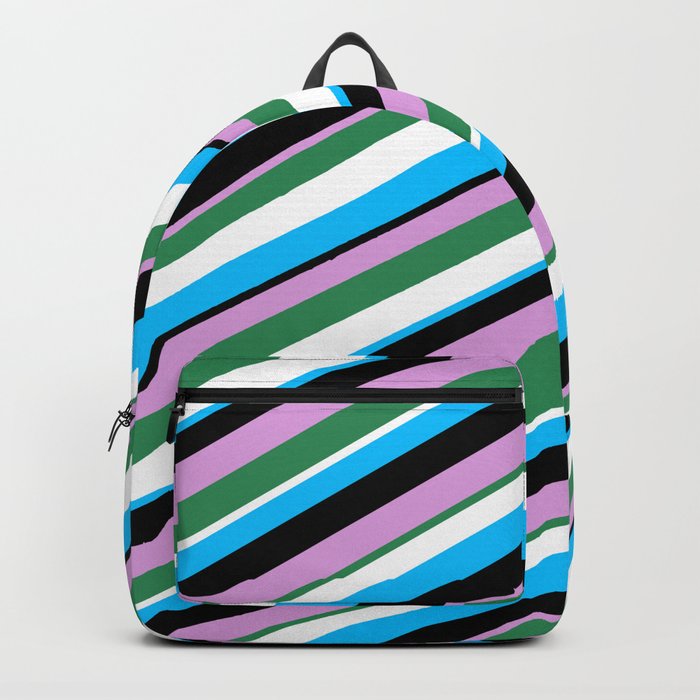 Eyecatching Plum, Sea Green, White, Deep Sky Blue, and Black Colored Pattern of Stripes Backpack