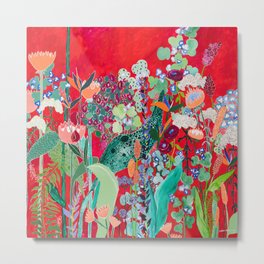Floral Jungle on Red with Proteas, Eucalyptus and Birds of Paradise Metal Print | Painterly, Strelizia, Birdofparadise, Summer, Floral, Botanical, Bright, Expressive, Nature, Playful 