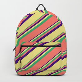 [ Thumbnail: Indigo, Tan, Sea Green, and Salmon Colored Stripes Pattern Backpack ]