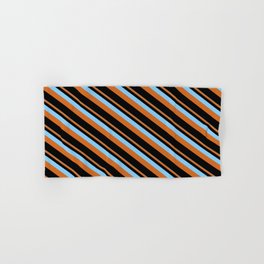 [ Thumbnail: Light Sky Blue, Chocolate & Black Colored Lines/Stripes Pattern Hand & Bath Towel ]
