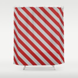 [ Thumbnail: Red and Grey Colored Pattern of Stripes Shower Curtain ]