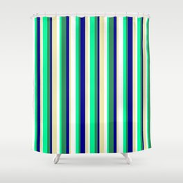 [ Thumbnail: Vibrant Pale Goldenrod, White, Green, Sea Green & Dark Blue Colored Lined Pattern Shower Curtain ]