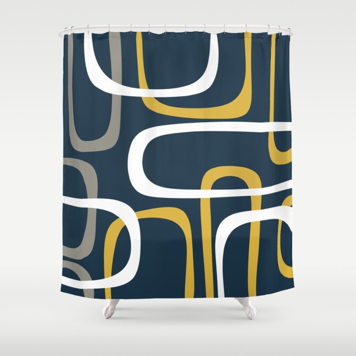 Mid Century Modern Loops Pattern In, Dark Blue And Gray Shower Curtains