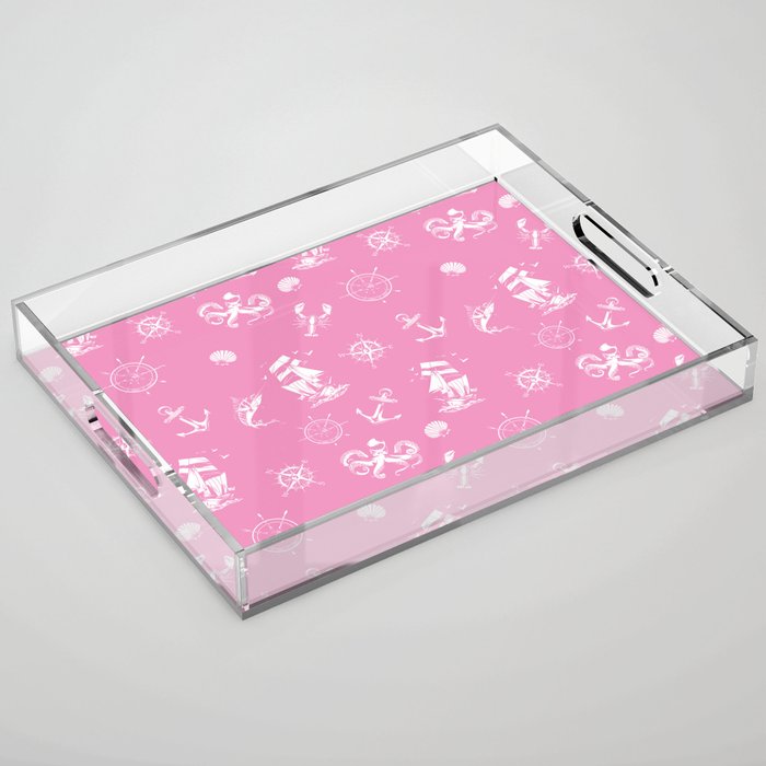 Pink And White Silhouettes Of Vintage Nautical Pattern Acrylic Tray