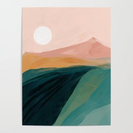 pink, green, gold moon watercolor mountains Poster