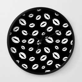 Lipstick kisses on black background. Digital Illustration background Wall Clock