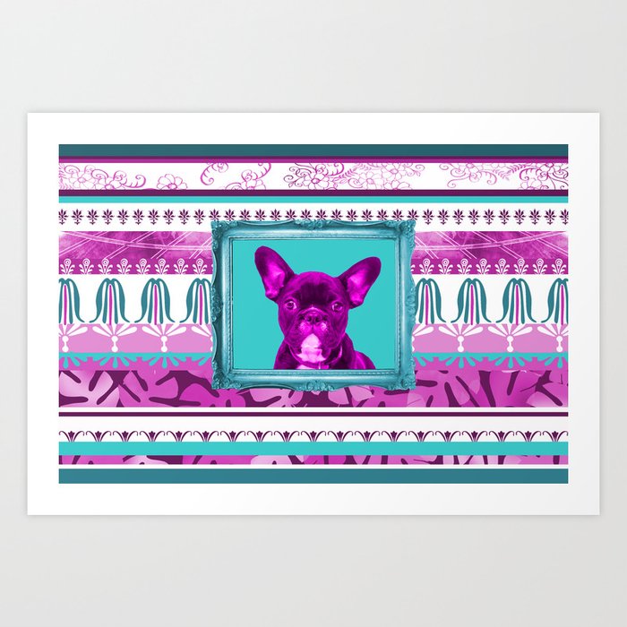 French pink Bulldog Illustration with in turquoise frame Art Print