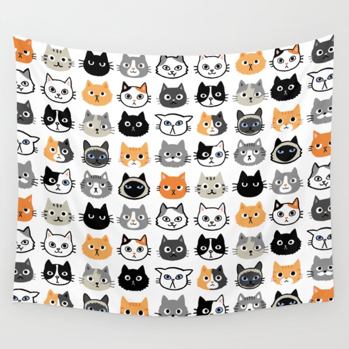 Cute Cats | Assorted Kitty Cat Faces | Fun Feline Drawings Wall Tapestry