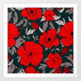 Red poppies on a dark background Art Print