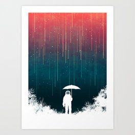 Meteoric rainfall Kunstdrucke | Fiction, Painting, Sky, Outdoor, Space, Surreal, Meteor, Umbrella, Illustration, Alone 
