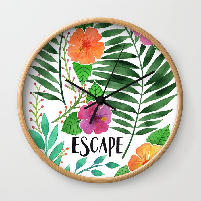 Escape - Tropical Watercolor Floral Wall Clock