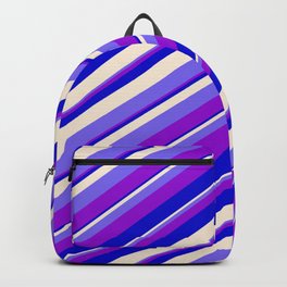 [ Thumbnail: Beige, Medium Slate Blue, Dark Violet & Blue Colored Stripes Pattern Backpack ]