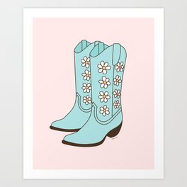 Western Vintage Floral Cowboy Boots with Daisies in Blush and Mint Blue Art Print