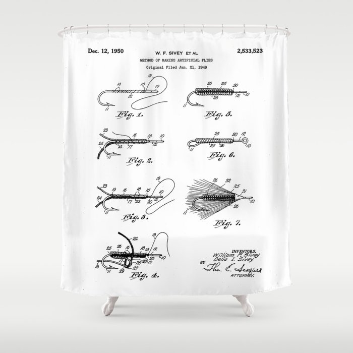 Fly Fishing Patent - Fisherman Art - Black And White Shower Curtain