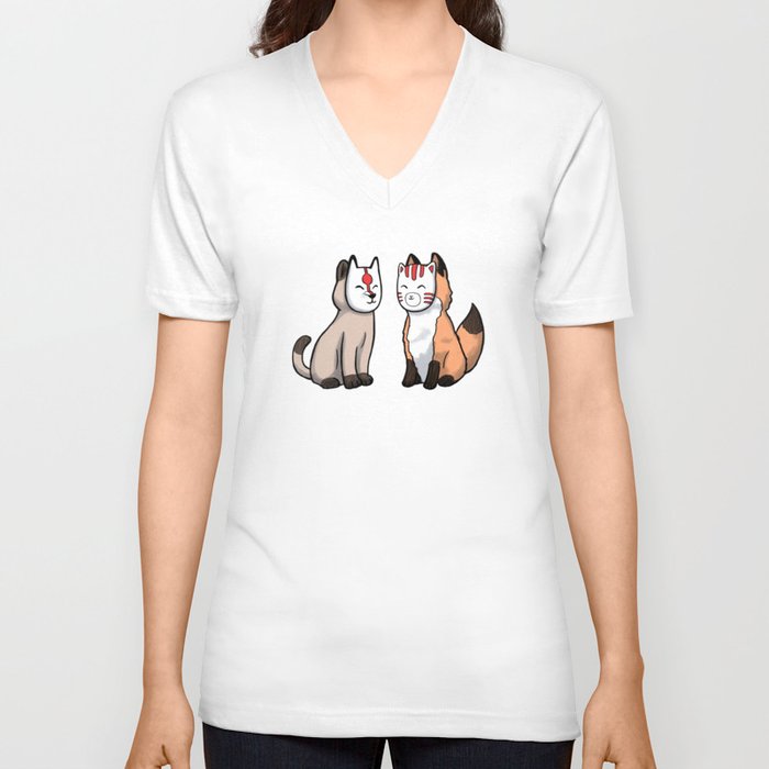 Cat and fox wearing japanese mask V Neck T Shirt