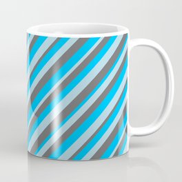 [ Thumbnail: Deep Sky Blue, Light Blue, and Dim Grey Colored Striped/Lined Pattern Coffee Mug ]