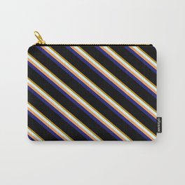 [ Thumbnail: Vibrant Dark Goldenrod, Light Cyan, Brown, Midnight Blue & Black Colored Stripes/Lines Pattern Carry-All Pouch ]