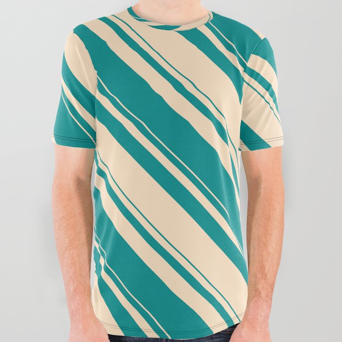 Dark Cyan & Bisque Colored Stripes/Lines Pattern All Over Graphic Tee