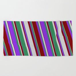 [ Thumbnail: Purple, Maroon, Light Gray, and Sea Green Colored Stripes Pattern Beach Towel ]