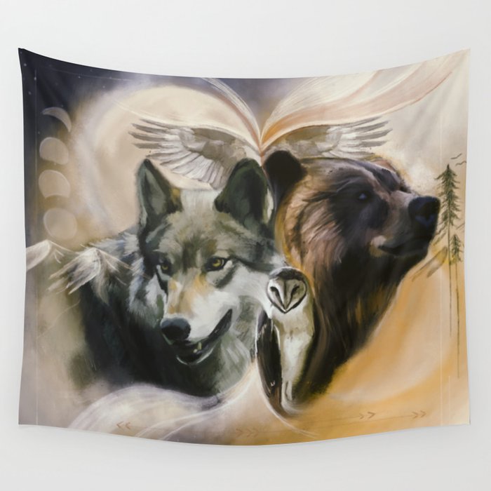 Wolf, Bear, Owl Spirit Animals Wall Tapestry