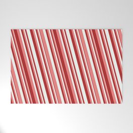 [ Thumbnail: Light Coral, Red & Mint Cream Colored Stripes Pattern Welcome Mat ]
