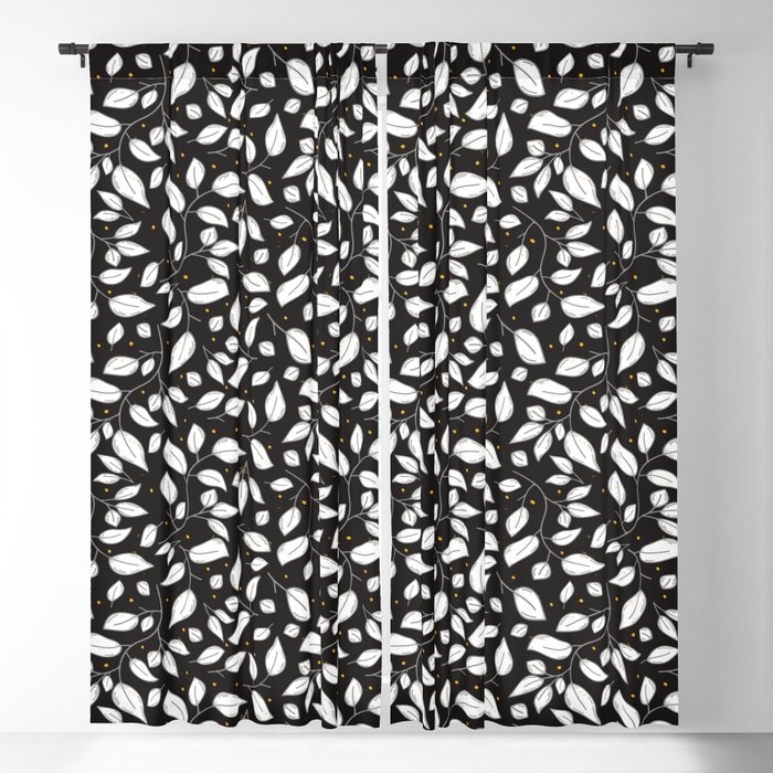 Moody black and white leaves pattern with yellow dots Blackout Curtain