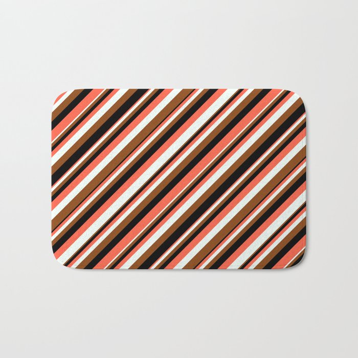 Red, Mint Cream, Brown, and Black Colored Striped/Lined Pattern Bath Mat