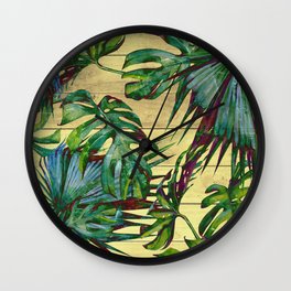 Tropical Palm Leaves on Wood Wall Clock